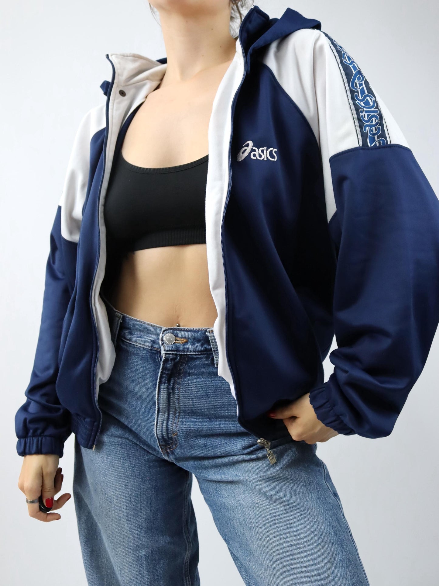 Vintage 80er 90er ASICS Trainingsjacke abnehmbare Kapuze blau weiß L
