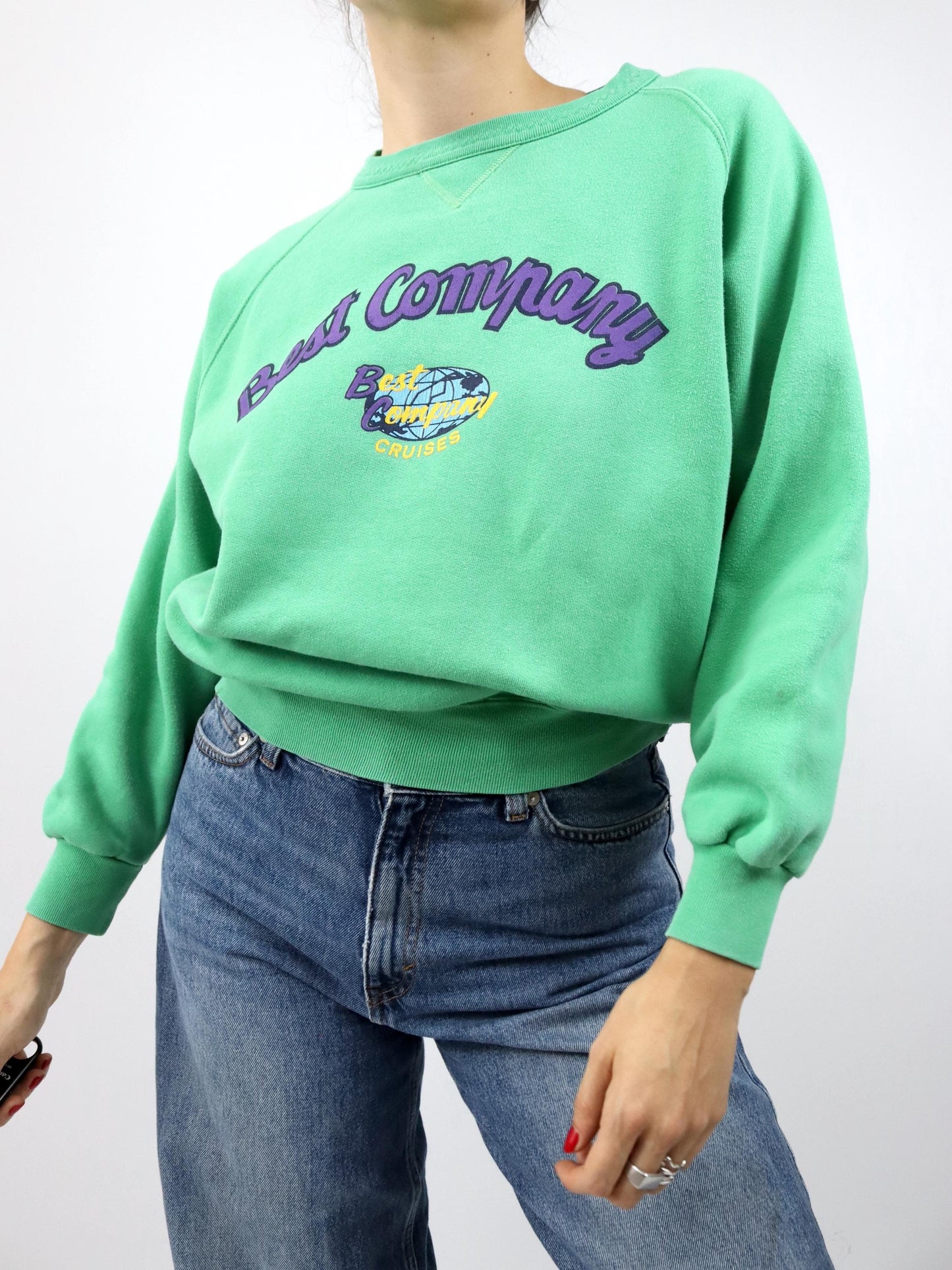 Vintage 80er 90er BEST COMPANY Sweatshirt Pullover Crewneck Print grün lila XS