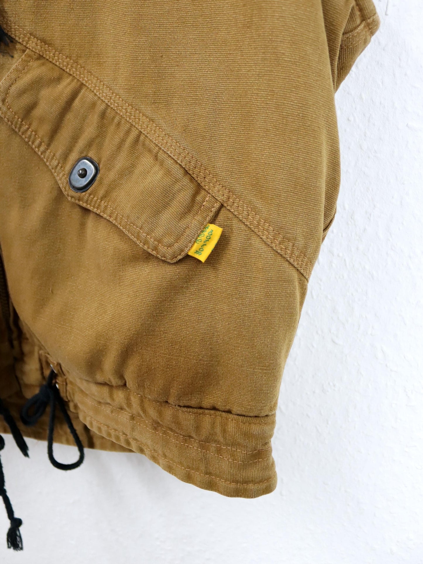 Vintage 80er 90er BELL BUTTON Weste Cargoweste leicht gefüttert Kapuze braun beige S