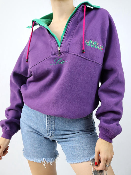 Vintage 80er 90er LOTTO Sweatshirt Pullover Stickerei Stehkragen lila grün 46 S