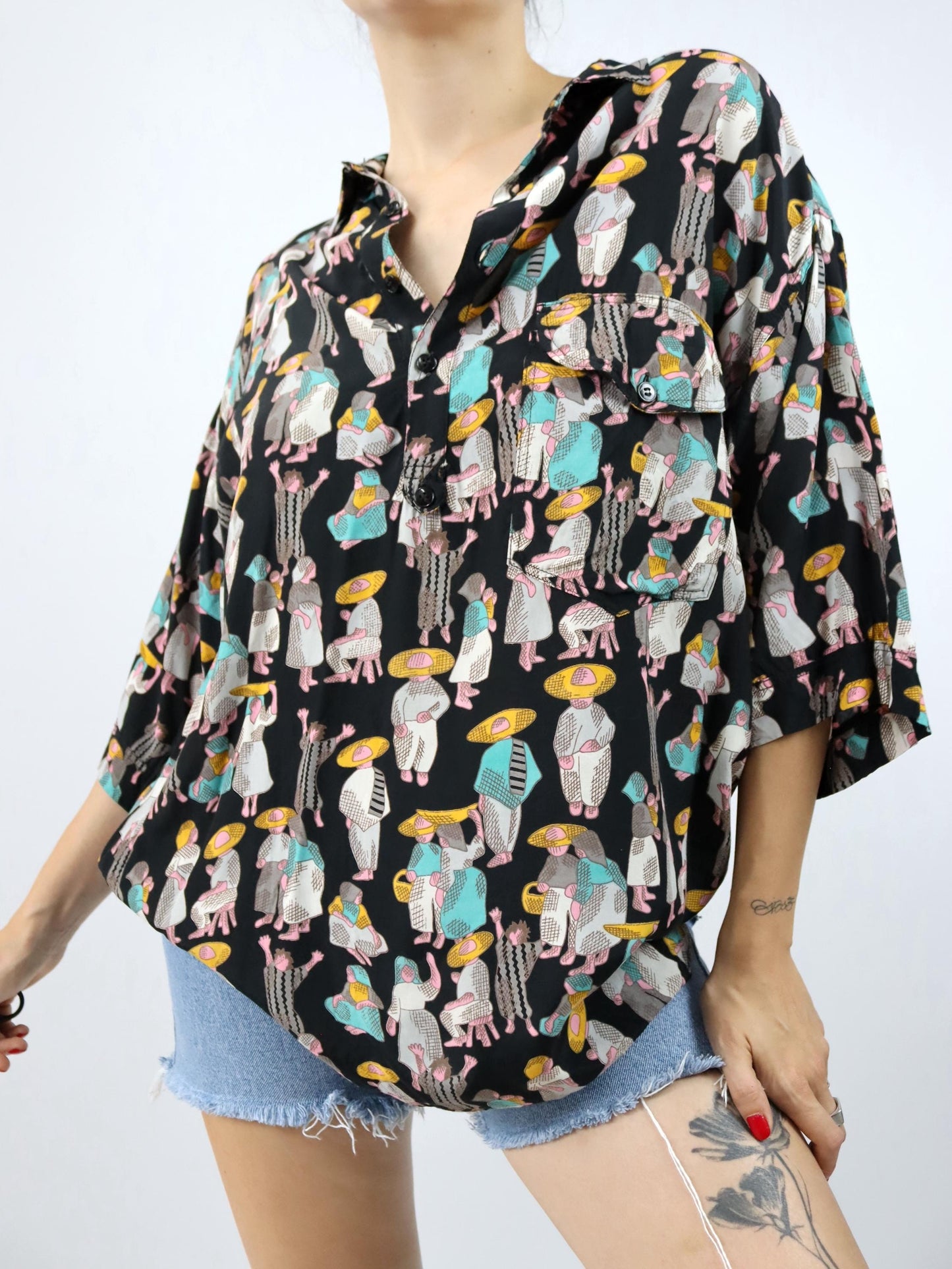 Vintage 80er 90er SASCH Hemd Polo Viskose kurzarm bunt crazy pattern XL