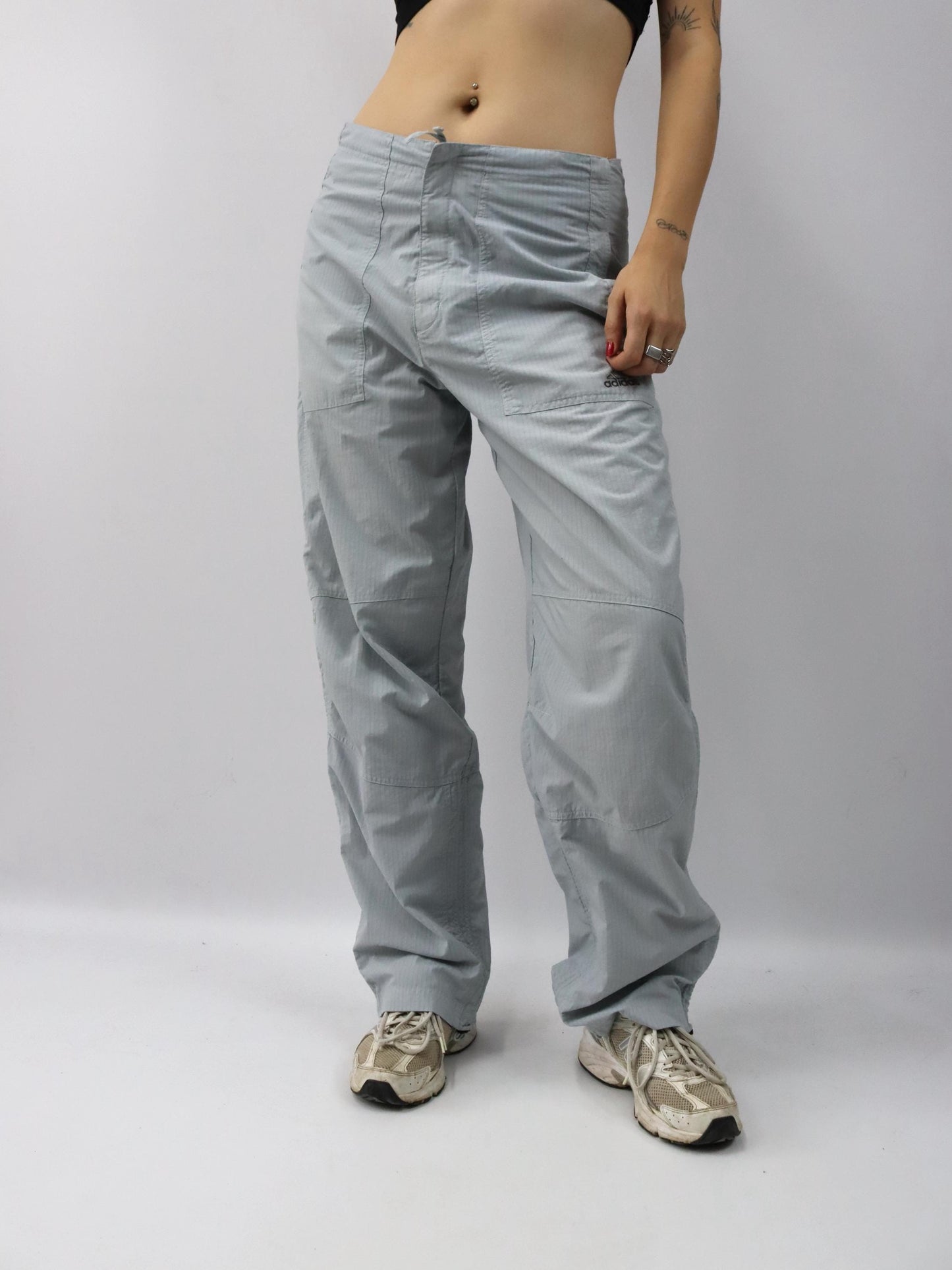 Vintage 90er Y2k ADIDAS Trainingshose mit Klettverschluss Jogginghose grau gestreift D5 M
