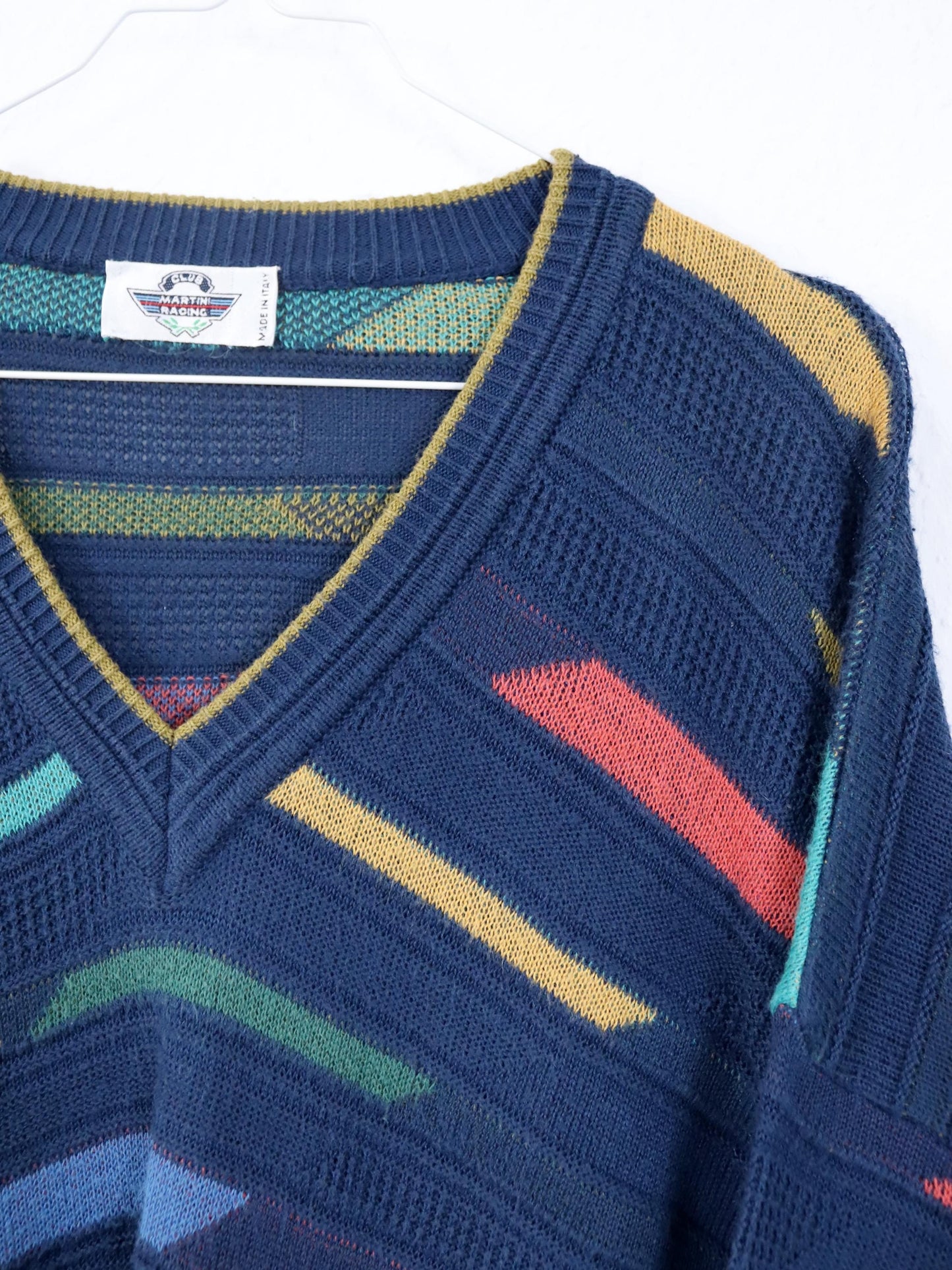 Vintage 80er 90er CLUB MARTINI RACING Pullover V-Kragen geometrisch 50 L