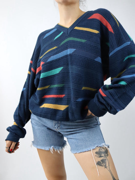 Vintage 80er 90er CLUB MARTINI RACING Pullover V-Kragen geometrisch 50 L