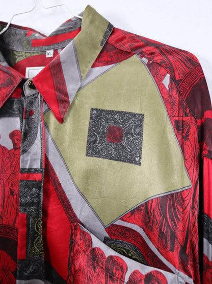 Vintage 80er 90er NEWS FASHION Hemd langarm crazy pattern rot grau khaki XL