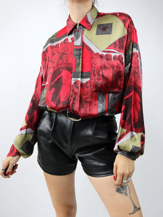 Vintage 80er 90er NEWS FASHION Hemd langarm crazy pattern rot grau khaki XL