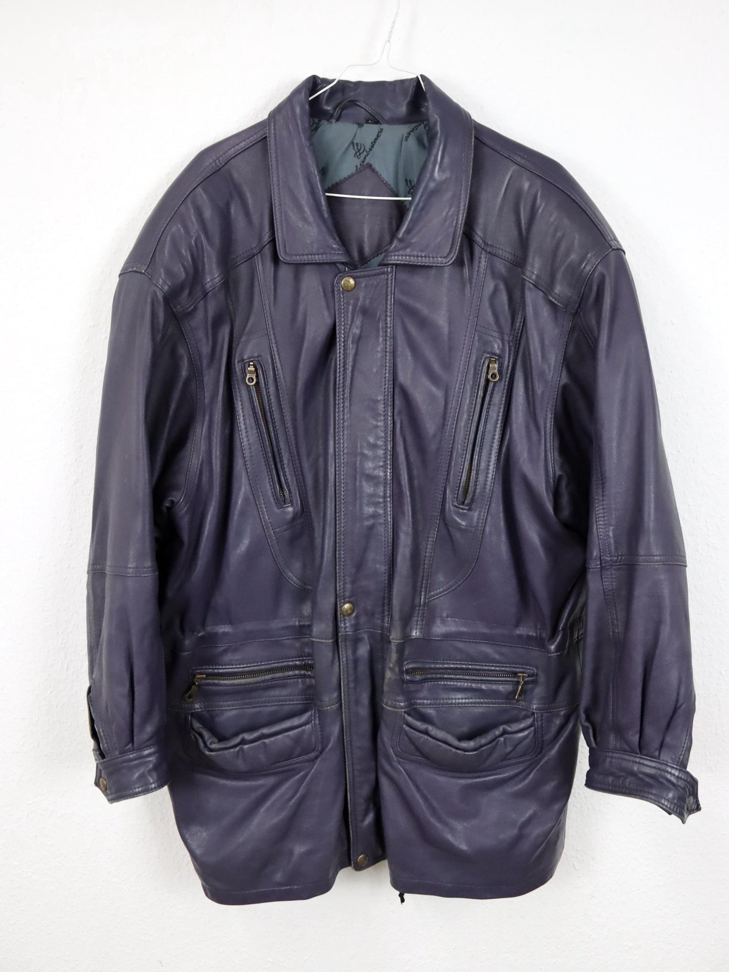 Vintage 80er 90er L.LAMBERTAZZI Mantel Jacke Leder lila Schulterpolster 54 XXL