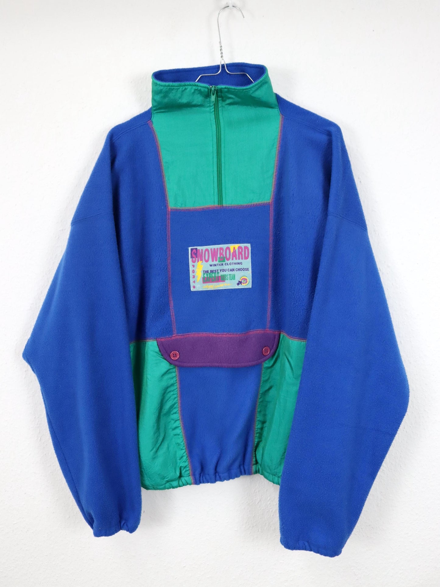 Vintage 80er 90er PASSWORLD Half zip Fleece Pullover blau grün lila mit Vordertasche XL