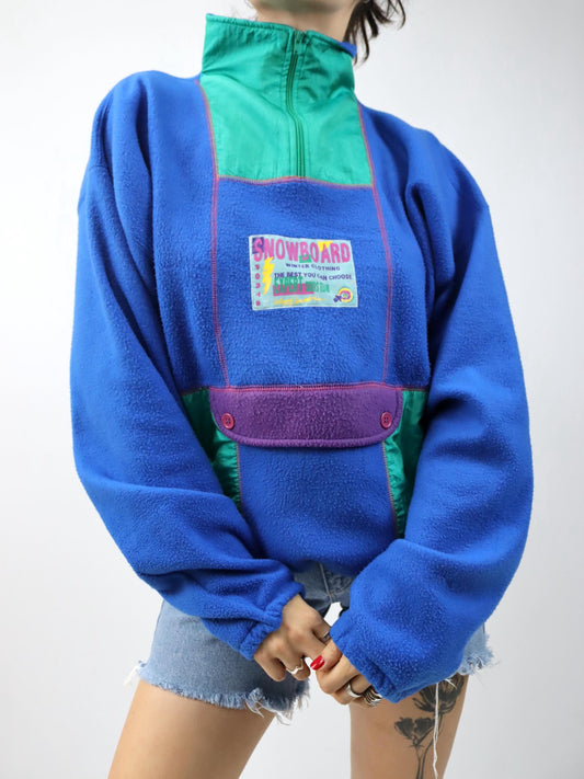 Vintage 80er 90er PASSWORLD Half zip Fleece Pullover blau grün lila mit Vordertasche XL