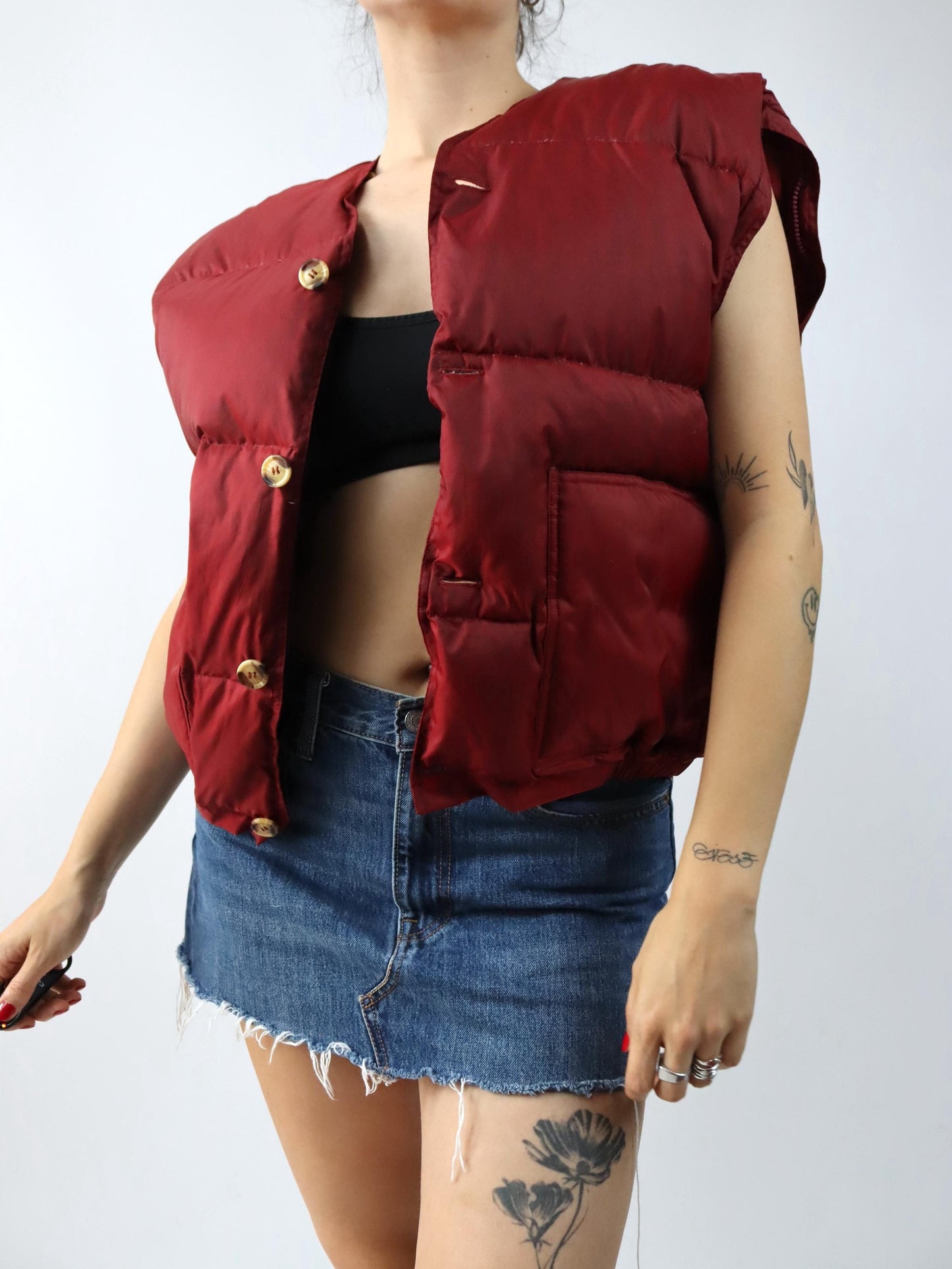 Vintage 80er 90er Jacke 3 in 1 Daunen Pufferjacke gefüttert Daunenweste rot braun M