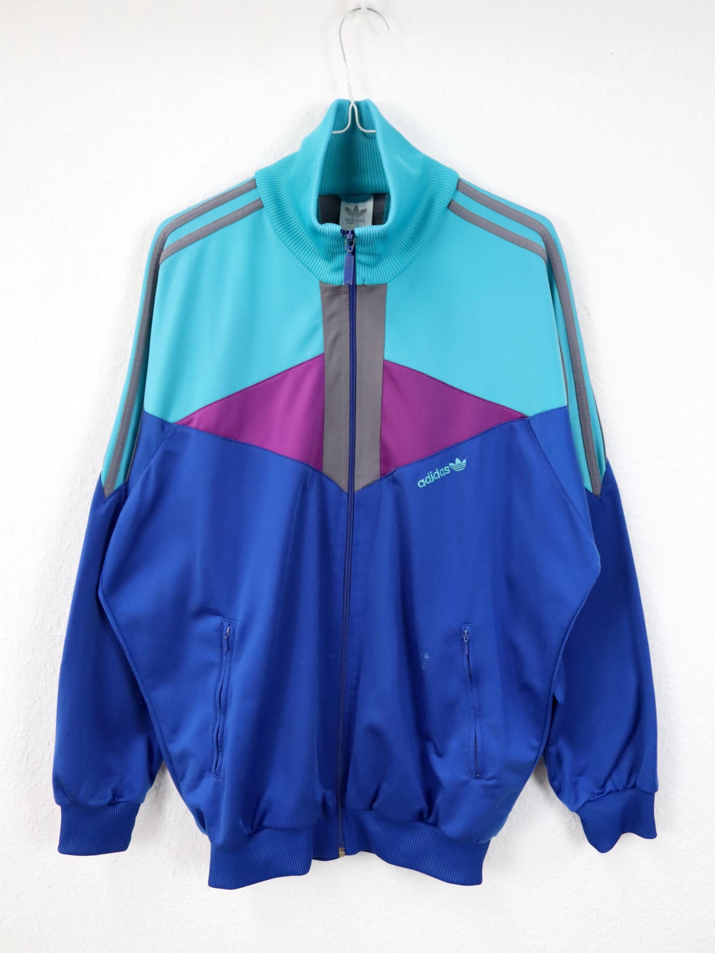 Vintage 80er 90er ADIDAS Trainingsjacke Stehkragen türkis blau lila Reißverschluss D4 S/M