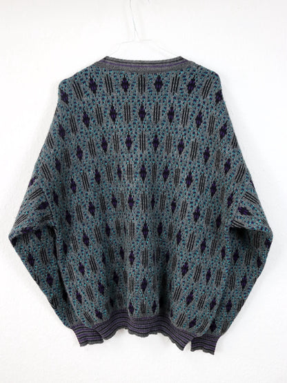 Vintage 80er 90er NEW CLASSIC Pullover Wolle V-Kragen grau lila türkis crazy pattern 50 L