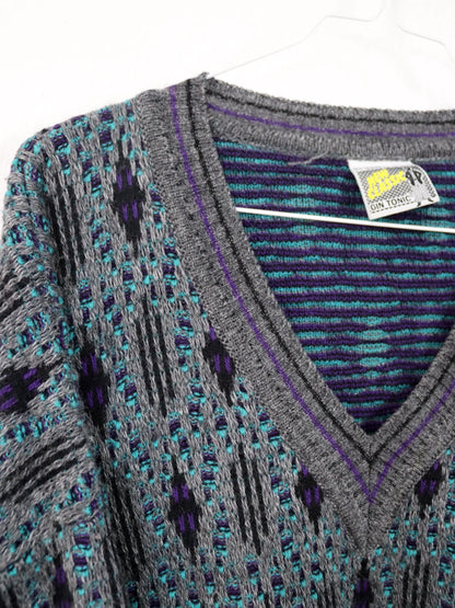 Vintage 80er 90er NEW CLASSIC Pullover Wolle V-Kragen grau lila türkis crazy pattern 50 L
