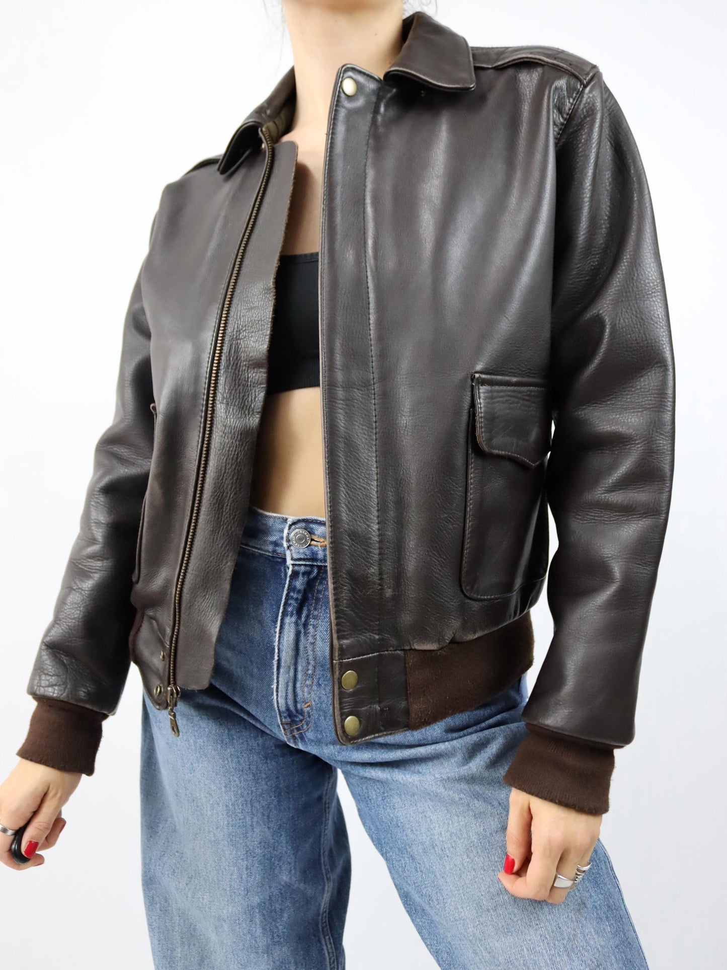 Vintage 80s 90s NOBLE HOUSE Heavy Leather Jacket Brown Bomber XS/S