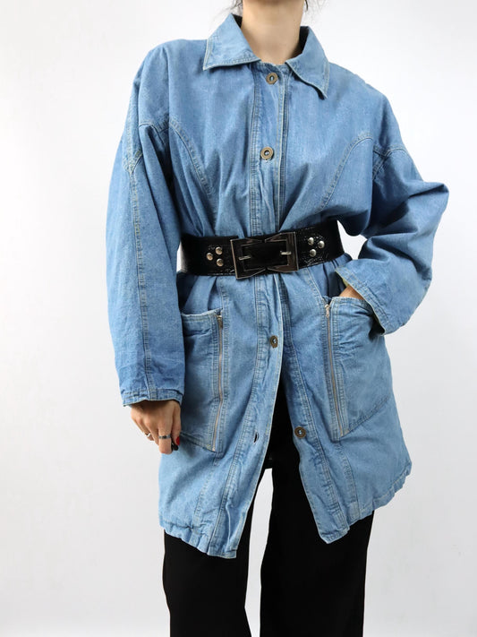Vintage 80er 90er Mantel lang denim blau Knopfreihe L
