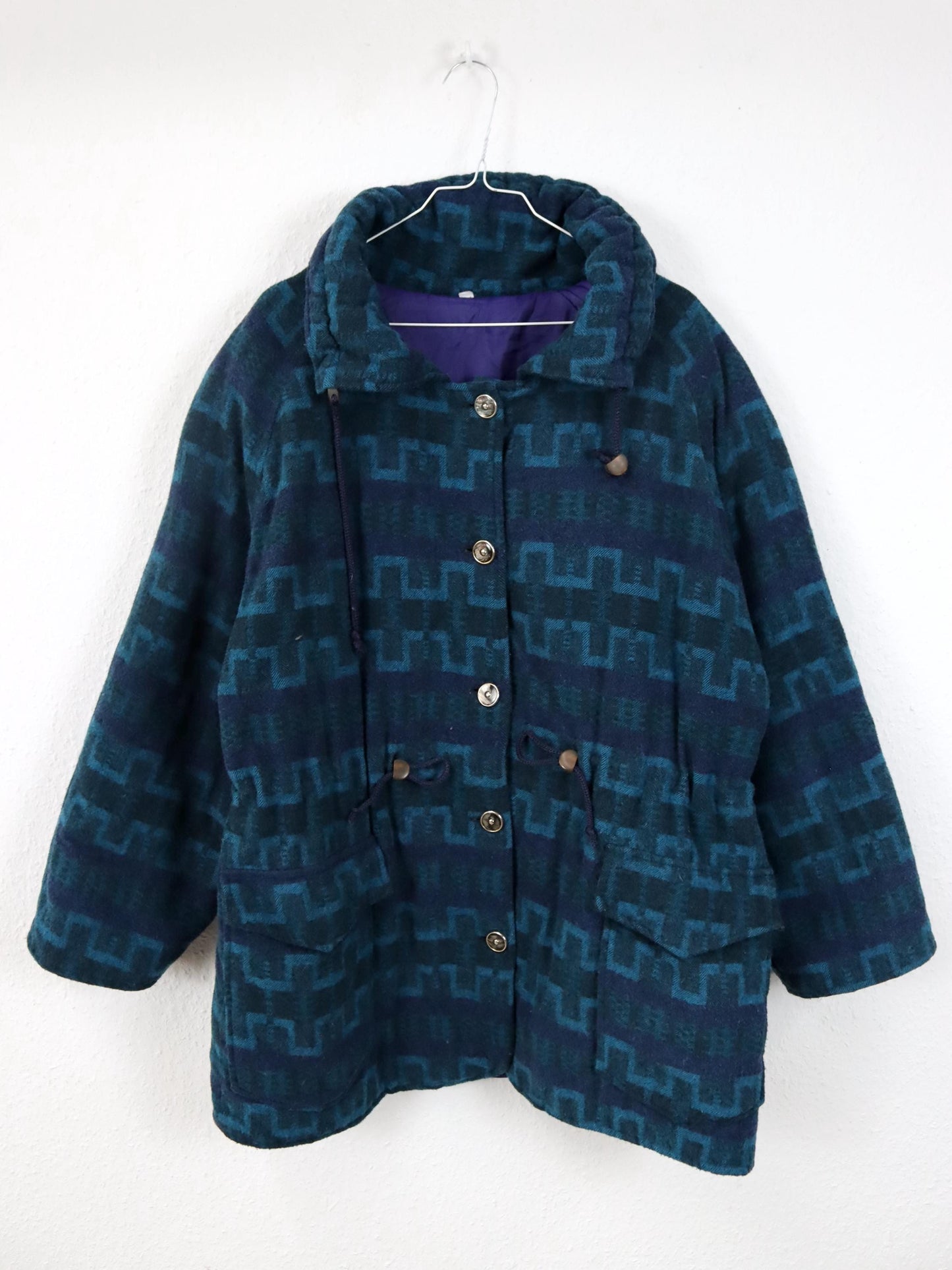 Vintage 80er 90er Wollmantel Parka Jacke mit Knopfleiste gemustert blau lila M