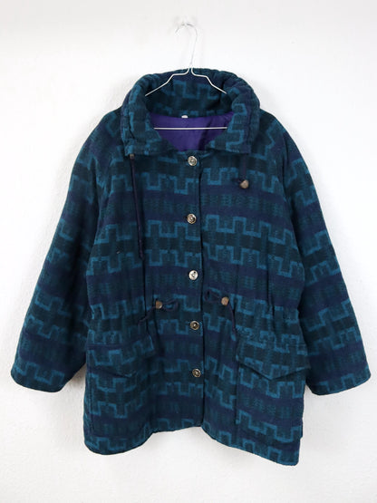 Vintage 80er 90er Wollmantel Parka Jacke mit Knopfleiste gemustert blau lila M
