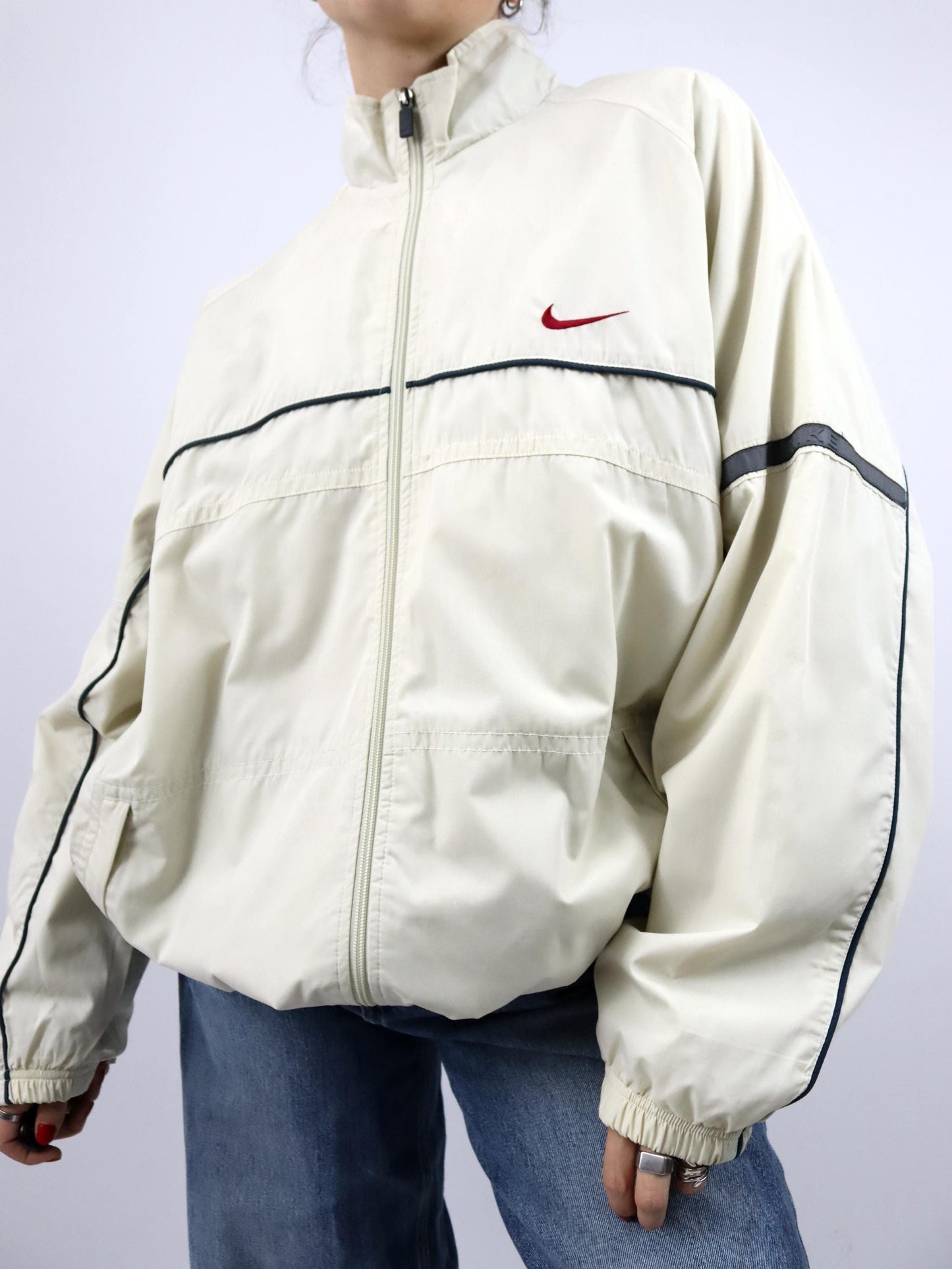 Vintage 90er Y2k NIKE Jacke leicht gefüttert Trainingsjacke cremeweiß Stehkragen XL
