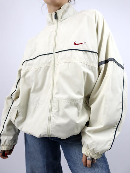 Vintage 90er Y2k NIKE Jacke leicht gefüttert Trainingsjacke cremeweiß Stehkragen XL