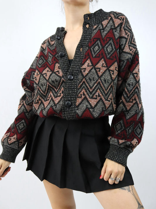 Vintage 80er 90er UOMO Wollcardigan Strickjacke gemustert grau rot Knopfleiste 52 L