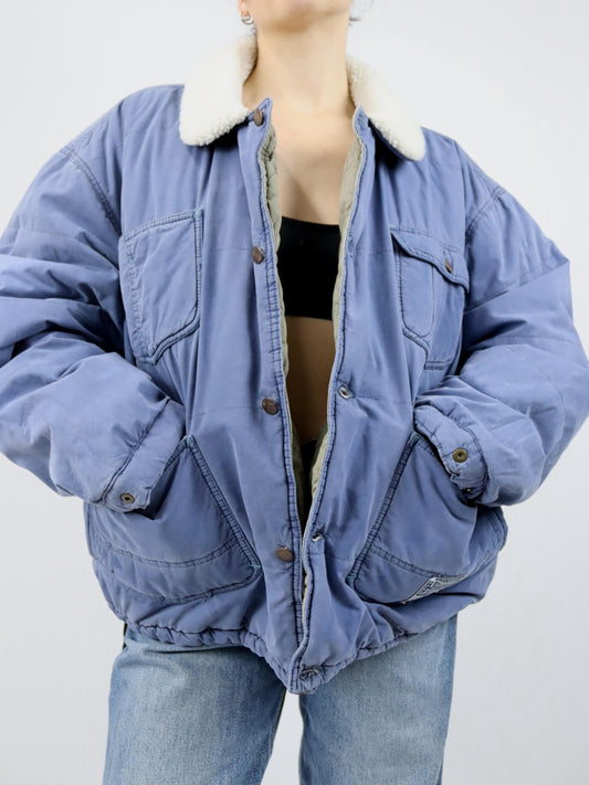 Vintage 80er 90er HERCULES Workwear Jacke Bomberjacke gefüttert faux fur Kragen blau Knopfleiste XL