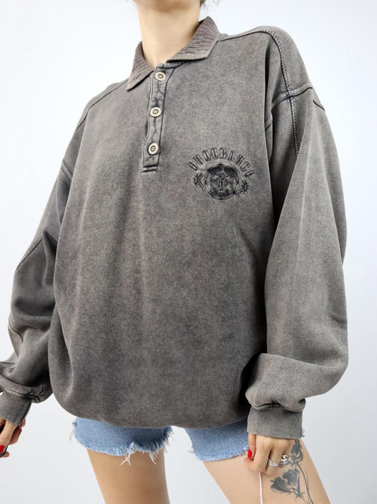 Vintage 80er 90er ENDURANCE Sweatshirt Pullover Polo Kragen used look braun grau L