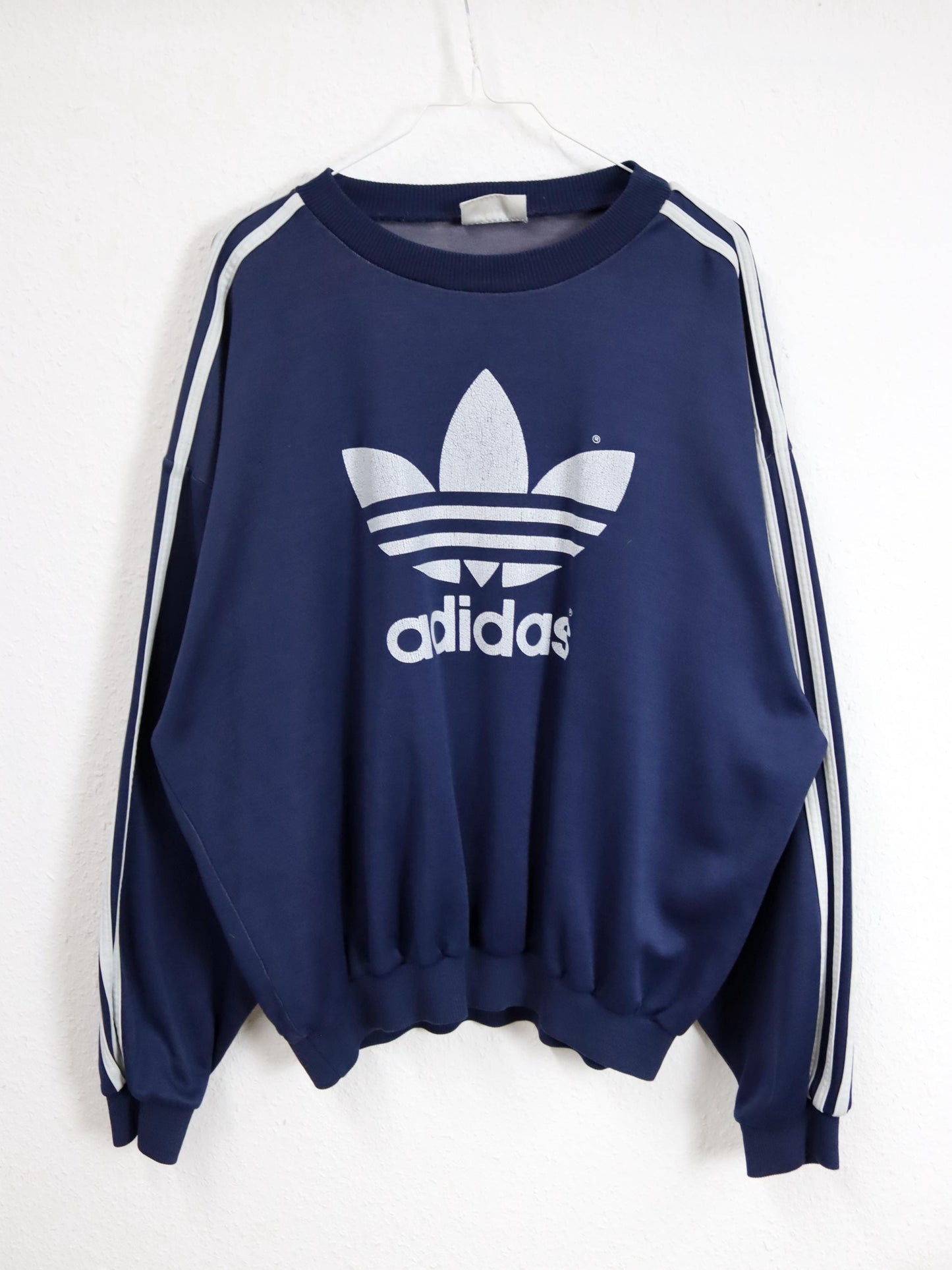 Vintage 80er 90er ADIDAS Sweatshirt Pullover Print weiß dunkelblau D6 M
