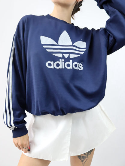 Vintage 80er 90er ADIDAS Sweatshirt Pullover Print weiß dunkelblau D6 M