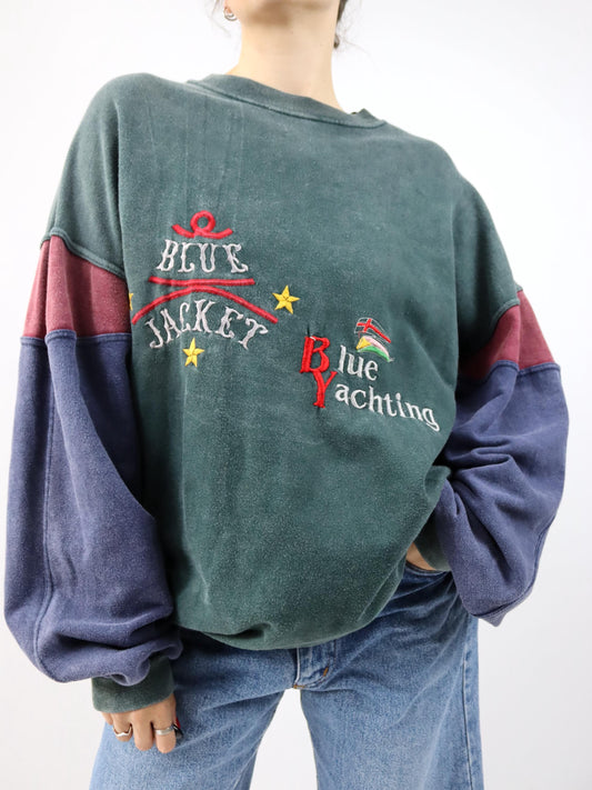 Vintage 80er 90er TEQUILA BOOM Sweatshirt Pullover Stickerei Yachting grün blau rot XXL