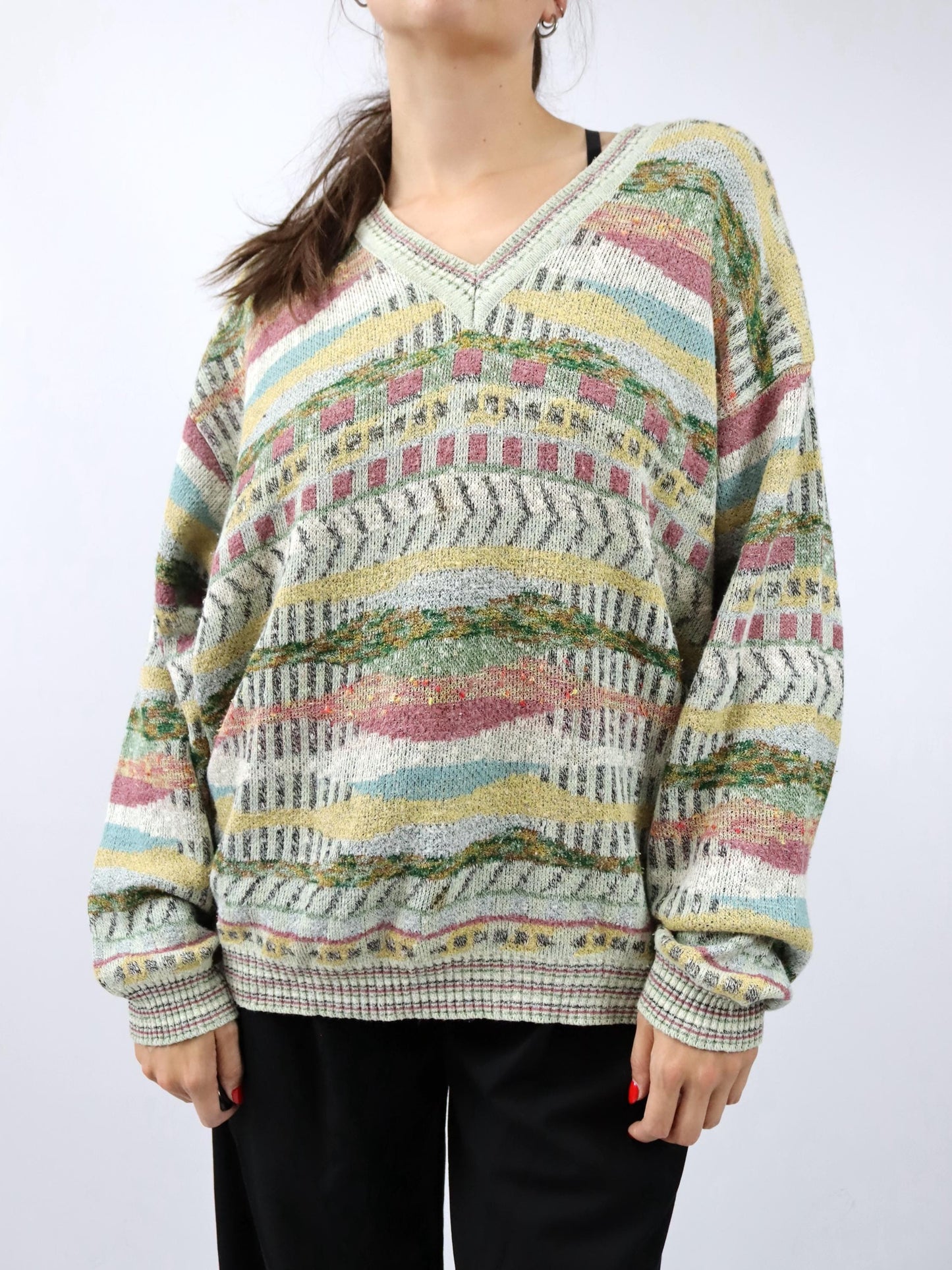 Vintage 80er 90er SUSPENSE Strickpullover gemustert V-Ausschnitt L