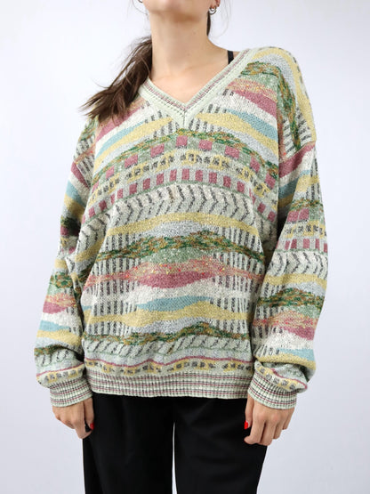 Vintage 80er 90er SUSPENSE Strickpullover gemustert V-Ausschnitt L