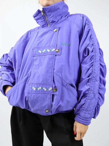 Vintage 80er 90er Toper Skijacke Winterjacke gefüttert Stehkragen lila Stickerei Blumen 42/44 L