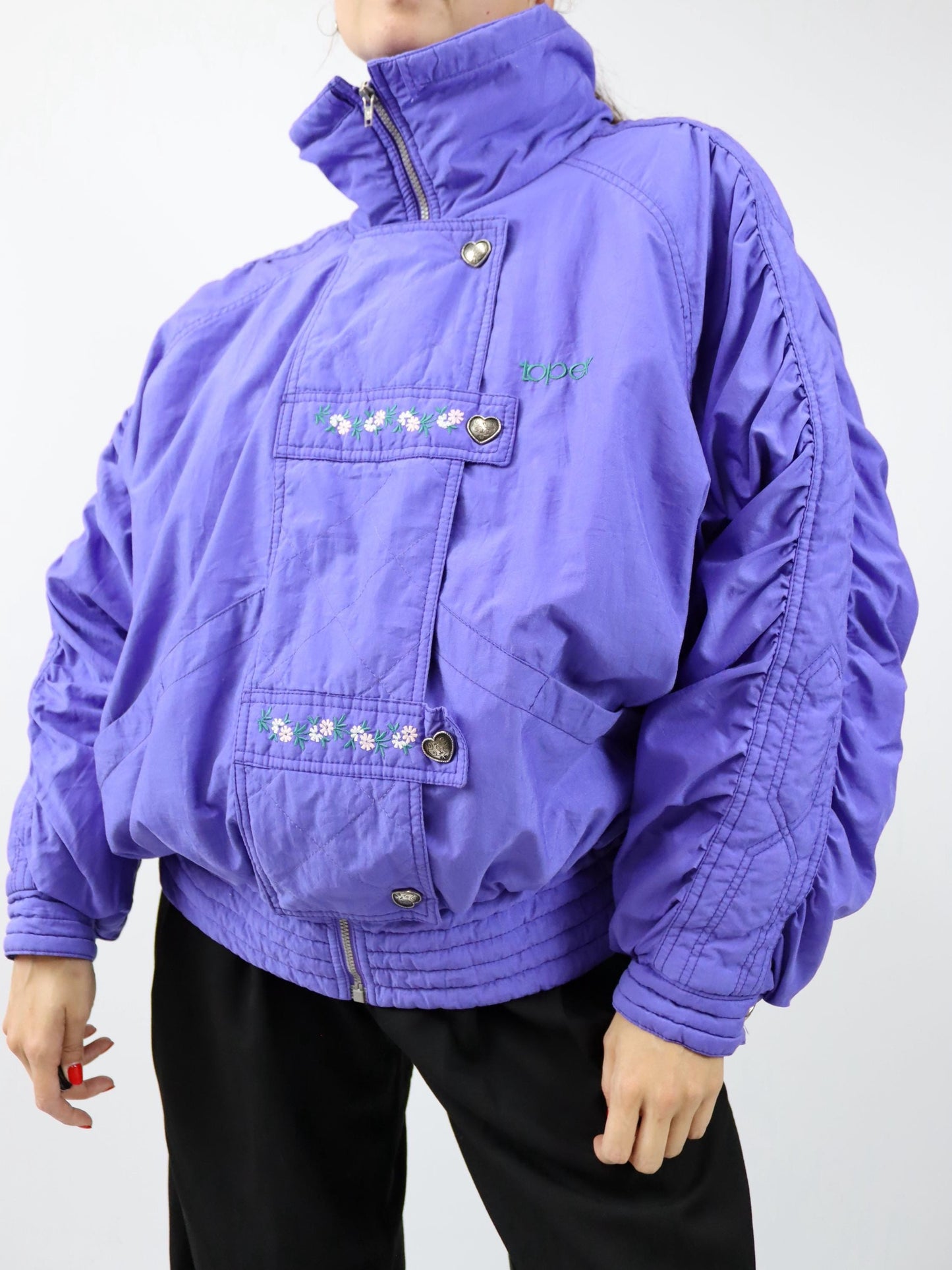 Vintage 80er 90er Toper Skijacke Winterjacke gefüttert Stehkragen lila Stickerei Blumen 42/44 L