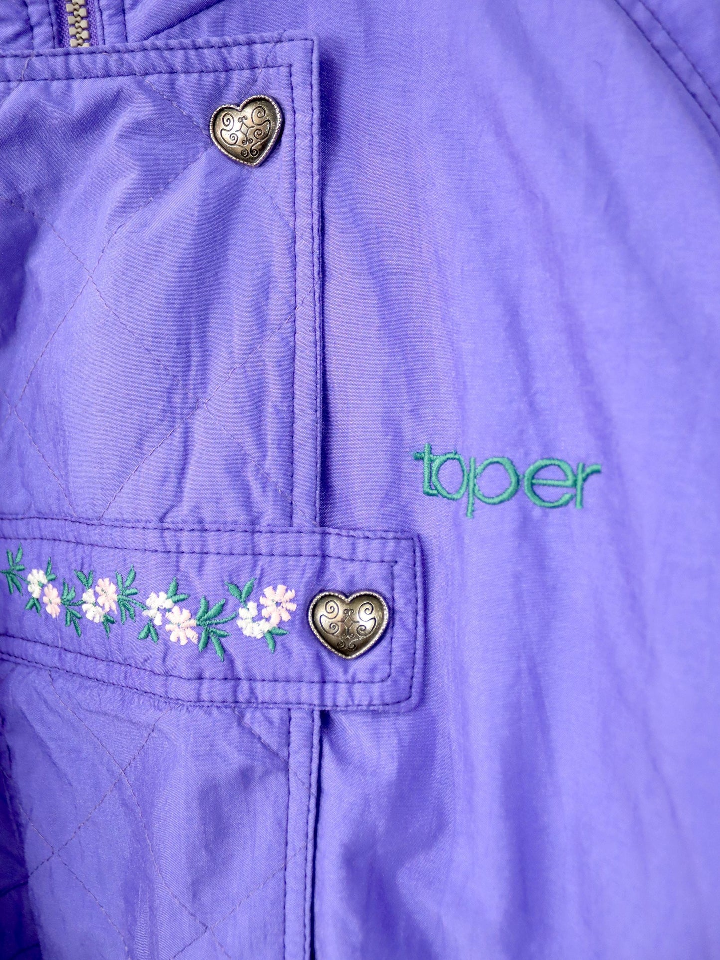 Vintage 80er 90er Toper Skijacke Winterjacke gefüttert Stehkragen lila Stickerei Blumen 42/44 L