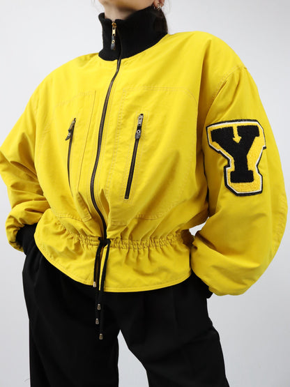 Vintage 80er 90er Winterjacke Jacke gefüttert Teddyfell Schulterpolster gelb tailliert Stehkragen L