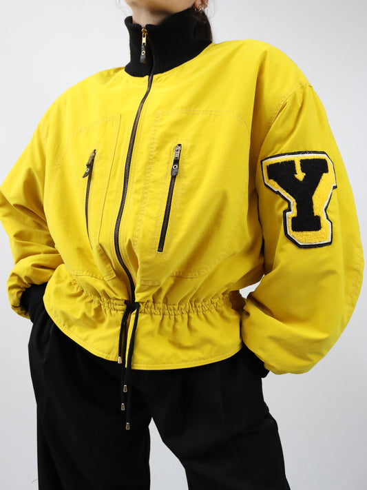 Vintage 80er 90er Winterjacke Jacke gefüttert Teddyfell Schulterpolster gelb tailliert Stehkragen L