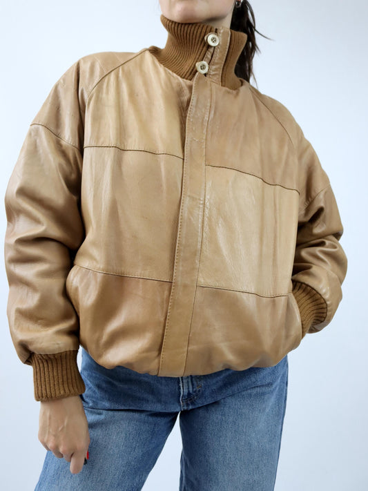 Vintage 80er 90er Lederjacke leicht gefüttert Blouson Stehkragen Strick braun 48 M