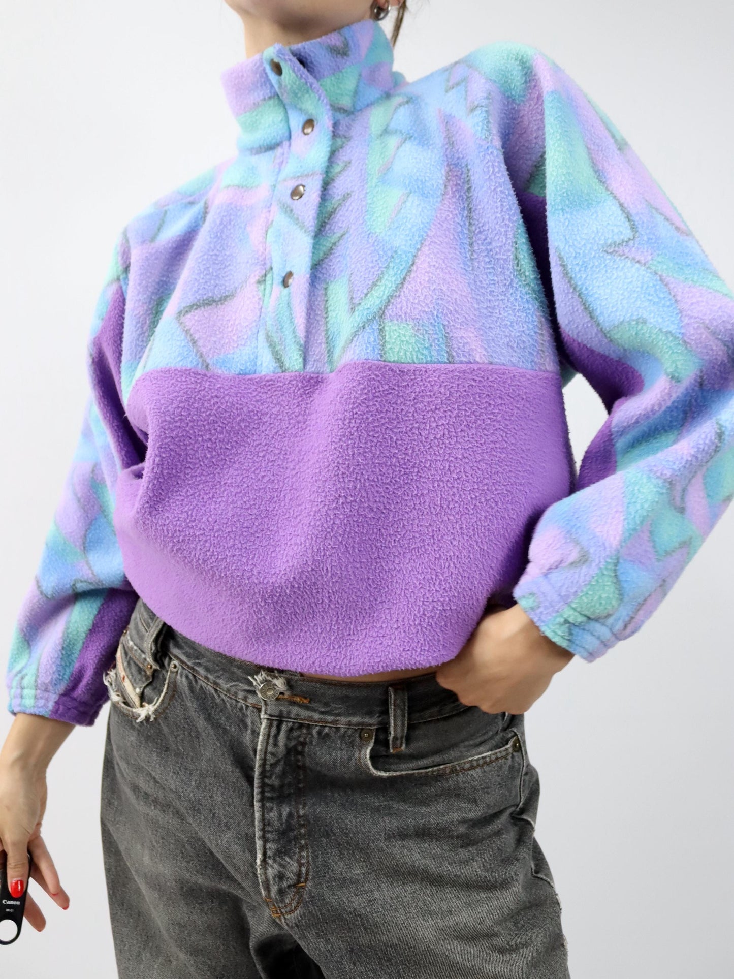 Vintage 80er 90er Fleecepullover Pullover crazy pattern flieder Stehkragen M/L