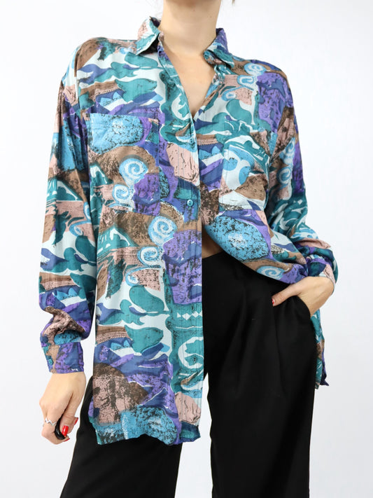 Vintage 80er 90er SPIDER Bluse langarm crazy pattern bunt L