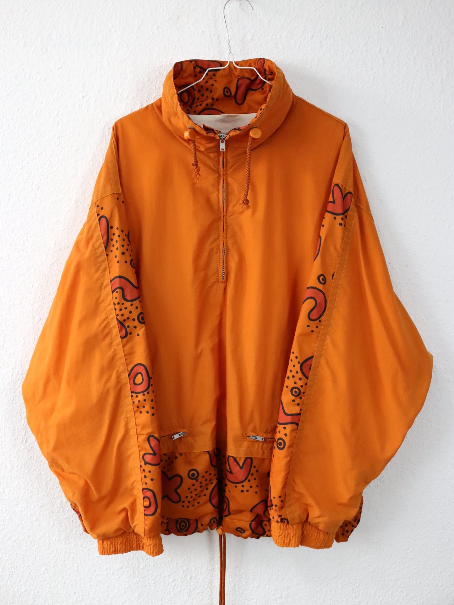 Vintage 80s 90s ETIREL overcoat jacket stand-up collar orange crazy pattern L