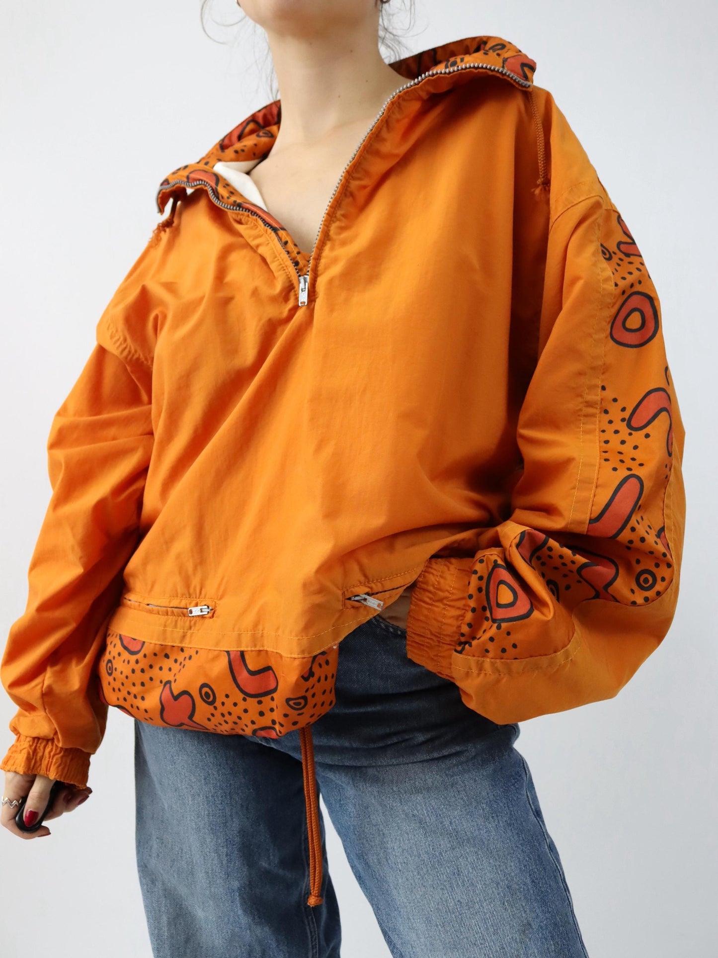 Vintage 80s 90s ETIREL overcoat jacket stand-up collar orange crazy pattern L