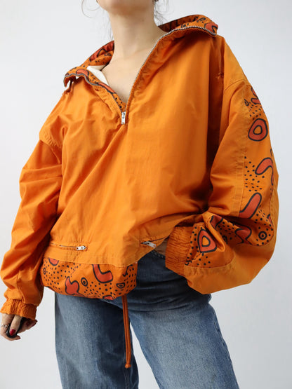 Vintage 80s 90s ETIREL overcoat jacket stand-up collar orange crazy pattern L