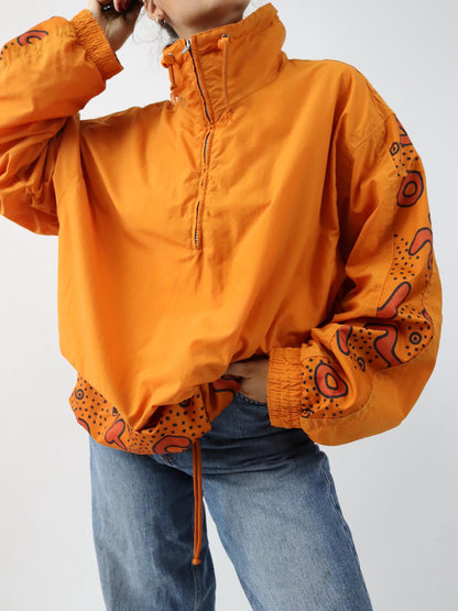 Vintage 80s 90s ETIREL overcoat jacket stand-up collar orange crazy pattern L