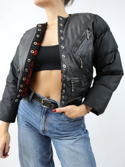 Vintage 80s 90s CASAMANCE EXPRESS puffer jacket down leather jacket black lined S