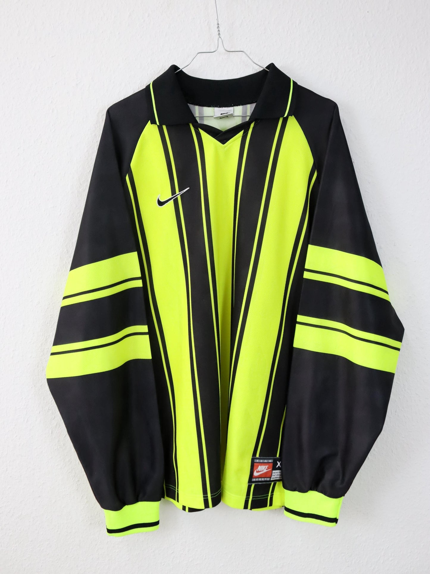 Vintage 80s 90s NIKE Team Sports jersey long sleeve polo collar striped neon yellow black XL