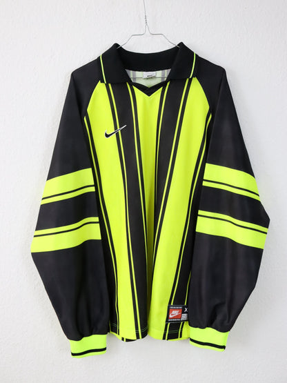 Vintage 80s 90s NIKE Team Sports jersey long sleeve polo collar striped neon yellow black XL