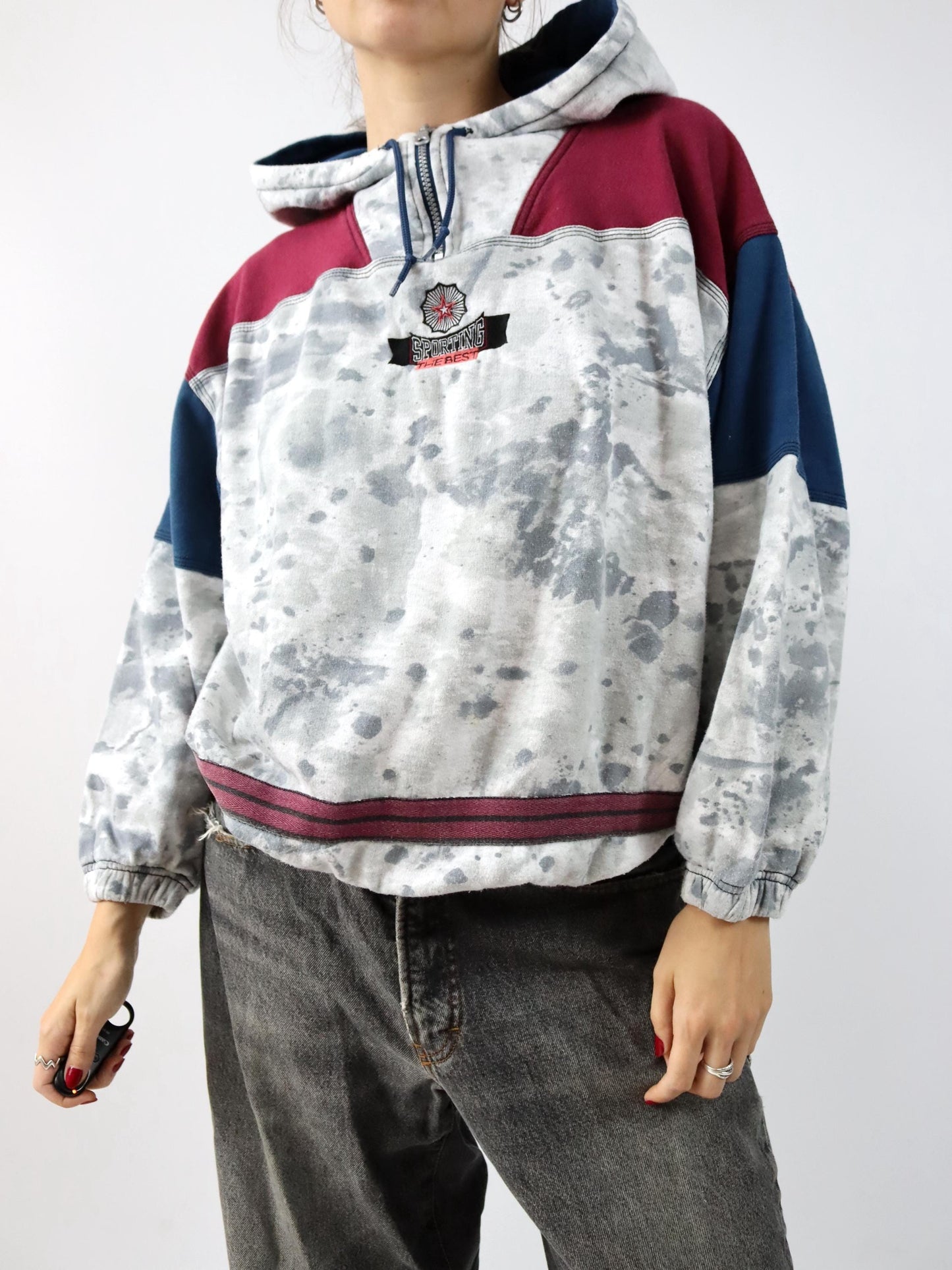 Vintage 80s 90s KILLTEC Hoodie Pullover Hood Batik Sticker grey blue red M