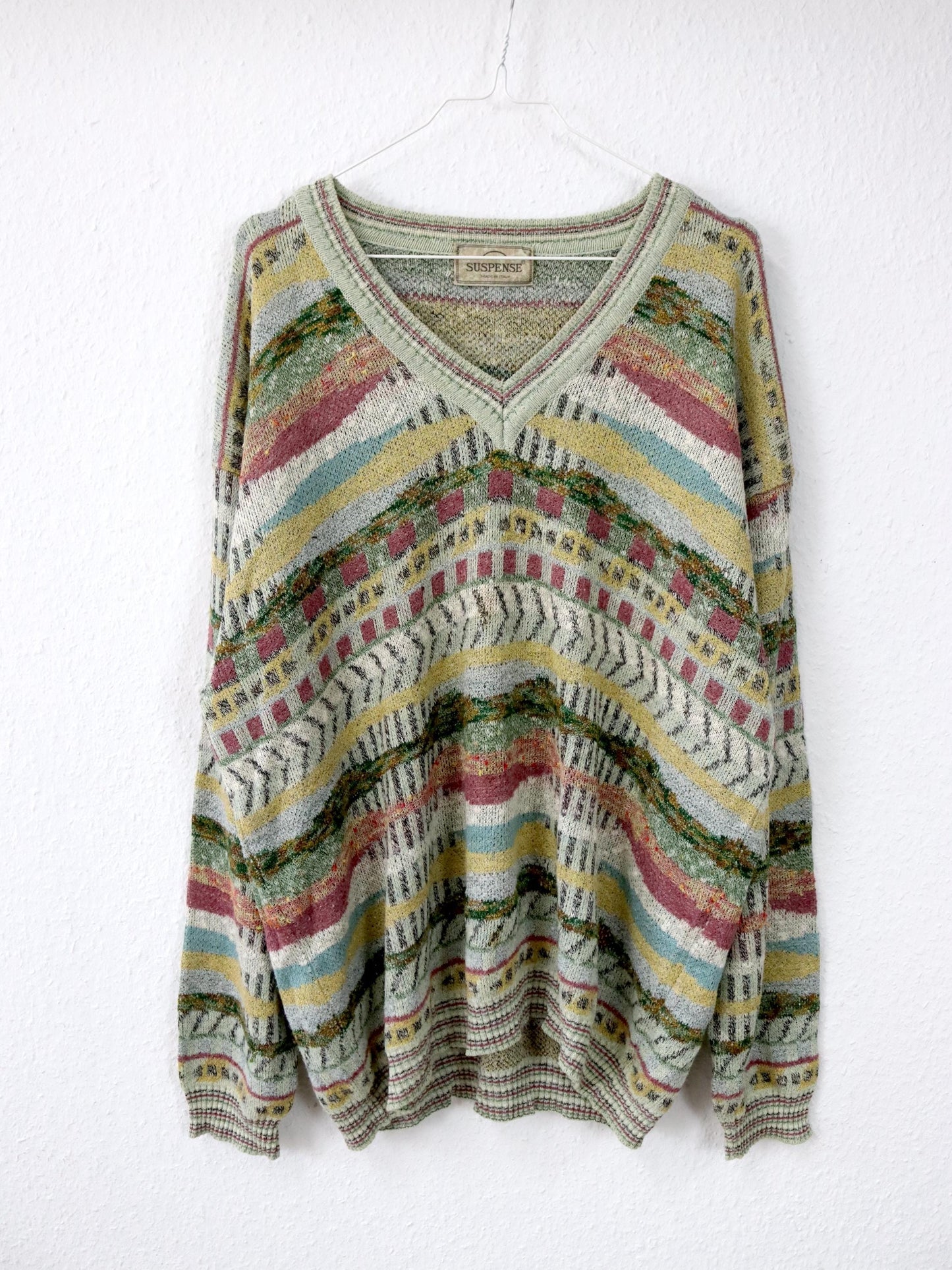 Vintage 80er 90er SUSPENSE Strickpullover gemustert V-Ausschnitt L
