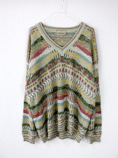 Vintage 80er 90er SUSPENSE Strickpullover gemustert V-Ausschnitt L
