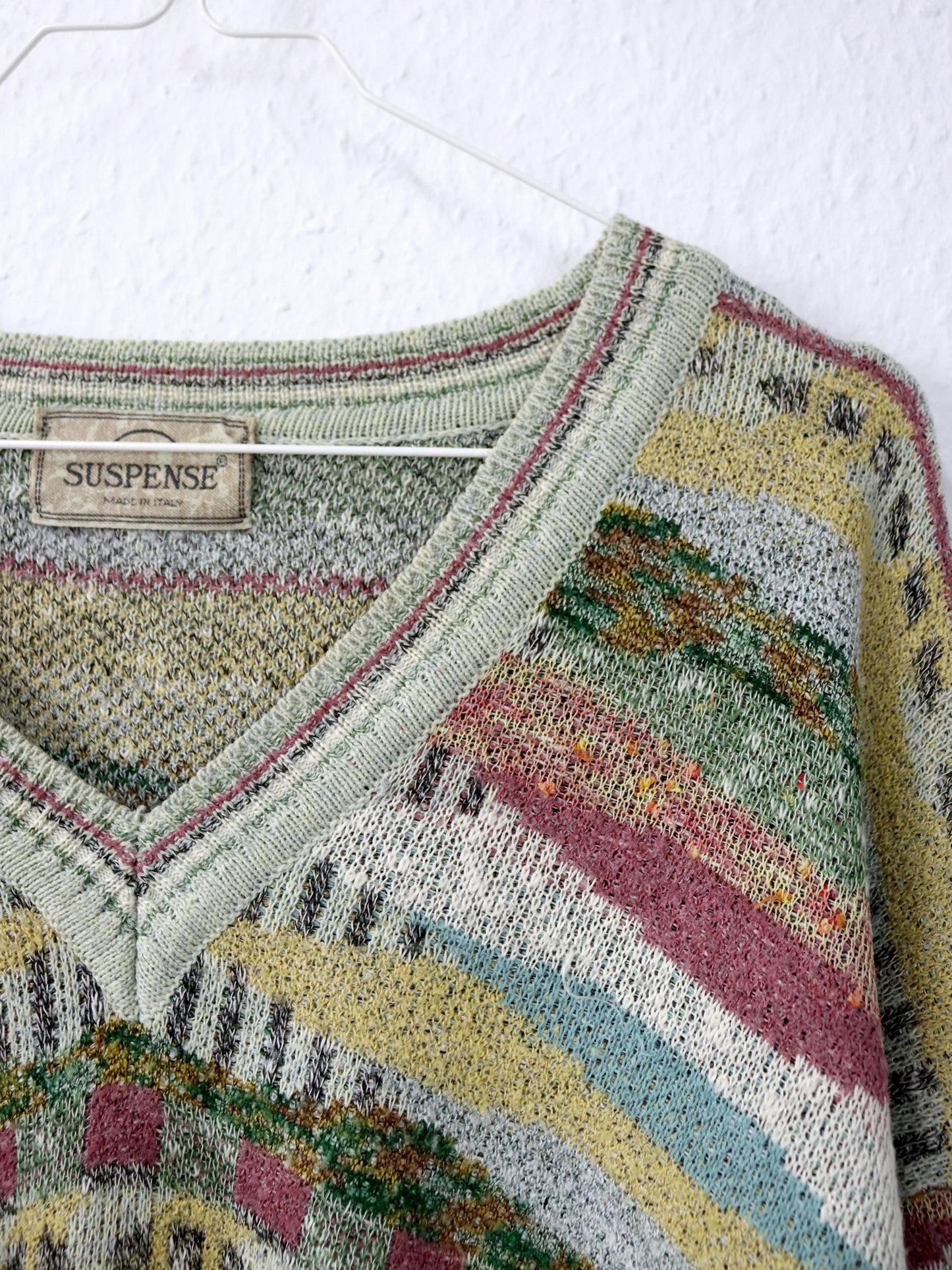 Vintage 80er 90er SUSPENSE Strickpullover gemustert V-Ausschnitt L